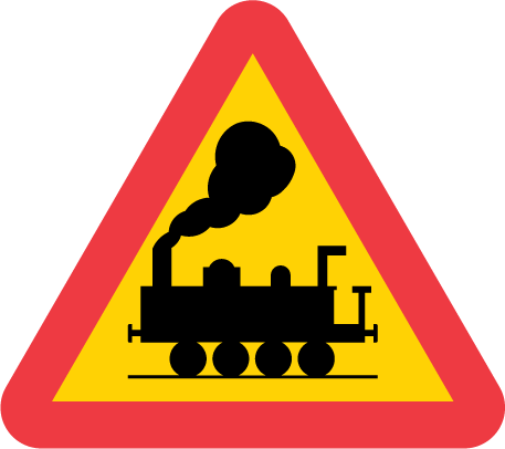 Vägmärket varnar för att järnvägskorsningen saknar bommar och signaler